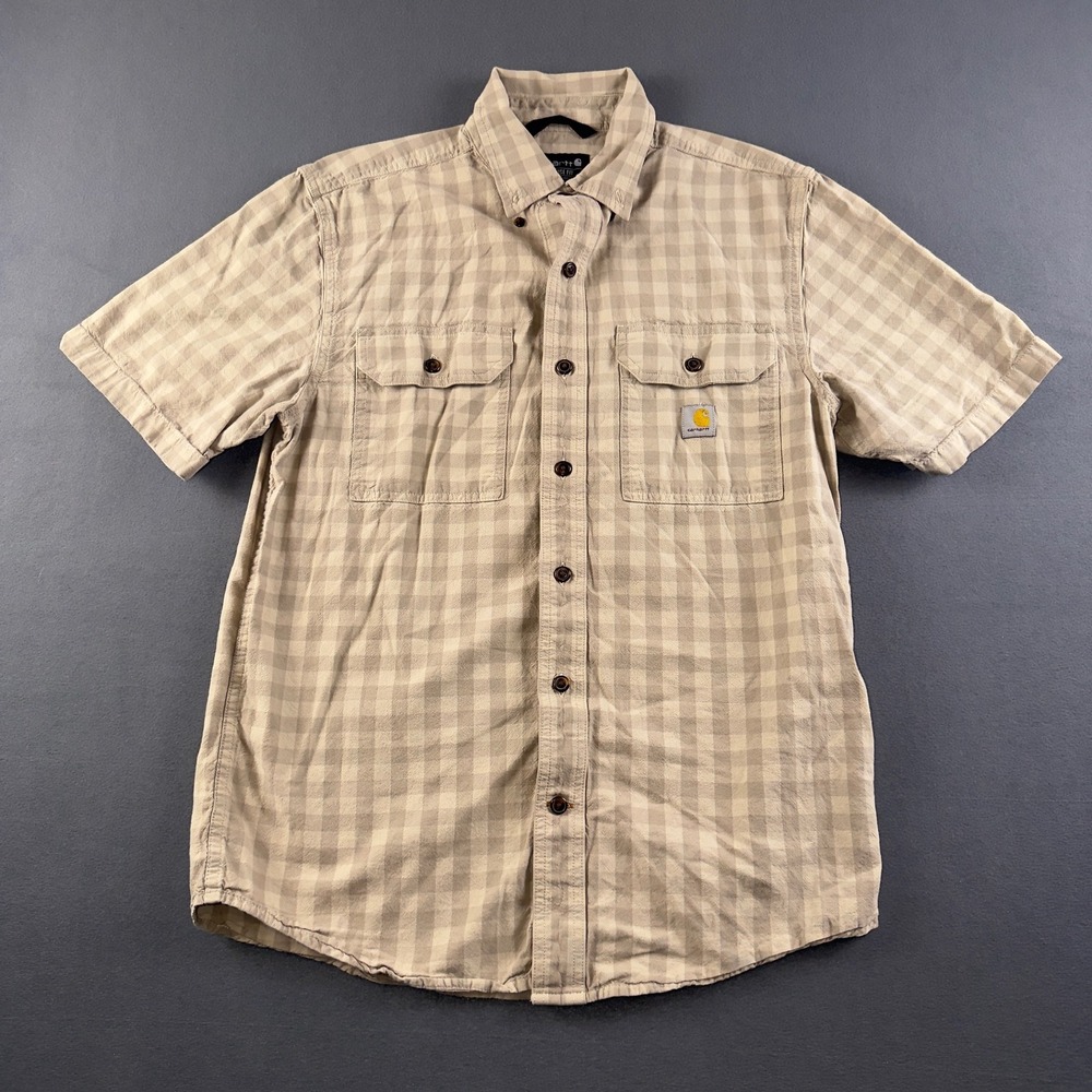 Carhartt Mens Loose Fit Short Sleeve Gingham Button Down Shirt Tan TW4625-M S